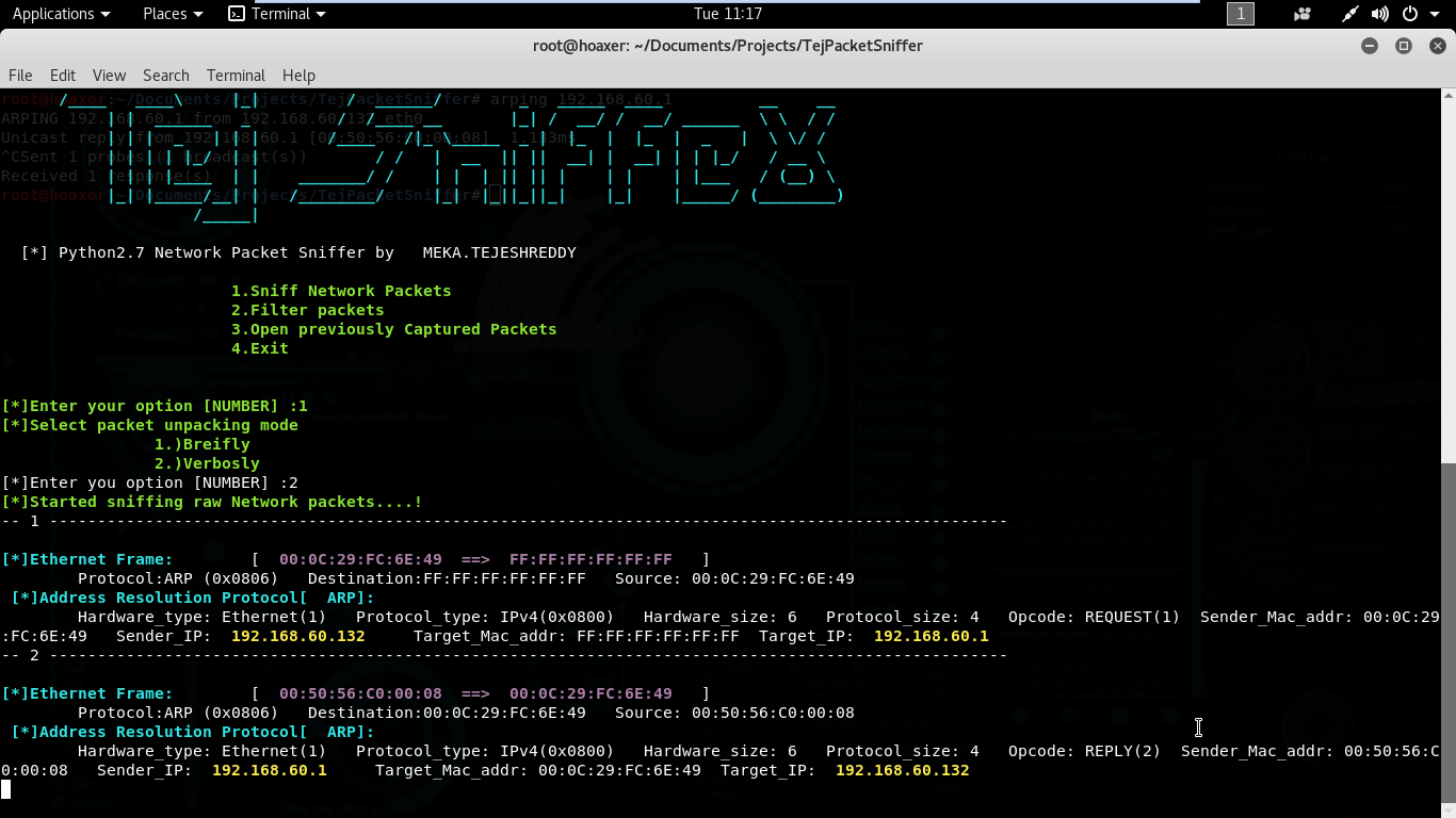 GitHub It is a command line python network sniffer